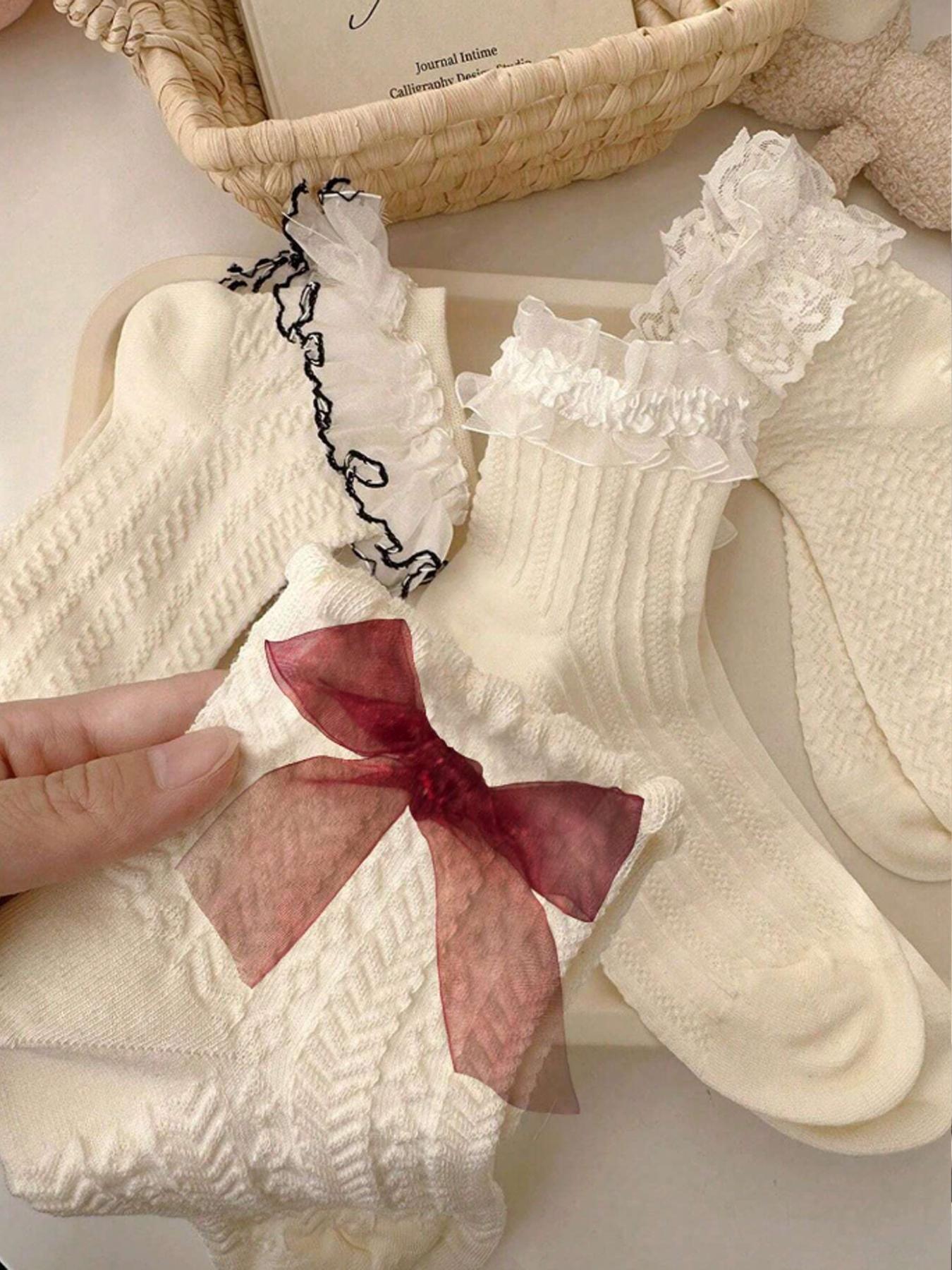 5 Pairs of Women's Simple Versatile Bow Lace Frill Lolita Mid-Calf Socks, Trendy Fashion Accessories for Every