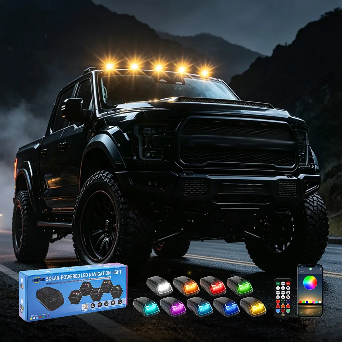 5PCS Upgraded Vibration Activated Solar Warning Light! APP & Remote RGB Strobe Light, 8 Colors, No Drill No Wiring for Truck Pickup SUV Light Bars for Trucks