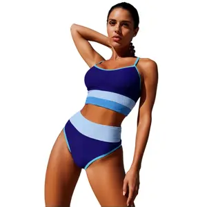 Blue contrast color crater pattern high-waist two-piece bikini swimsuit Sexy Push Up Swimsuits non tie bathing suit coqueta swimwear bathing suits 2 piece set shapewear swimsuit bathing suits tummy control  Beach vacation swimsuit