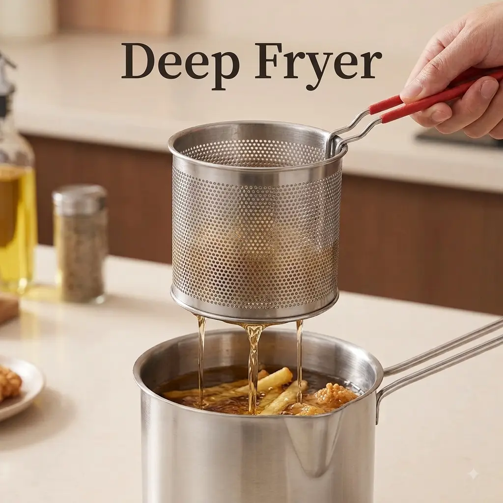 Stainless Steel Deep Fryer Pot Set, 304 Frying Pot with Fry Basket and Food Tongs, Kitchen Cooking Tool for French Fries Chicken Shrimp