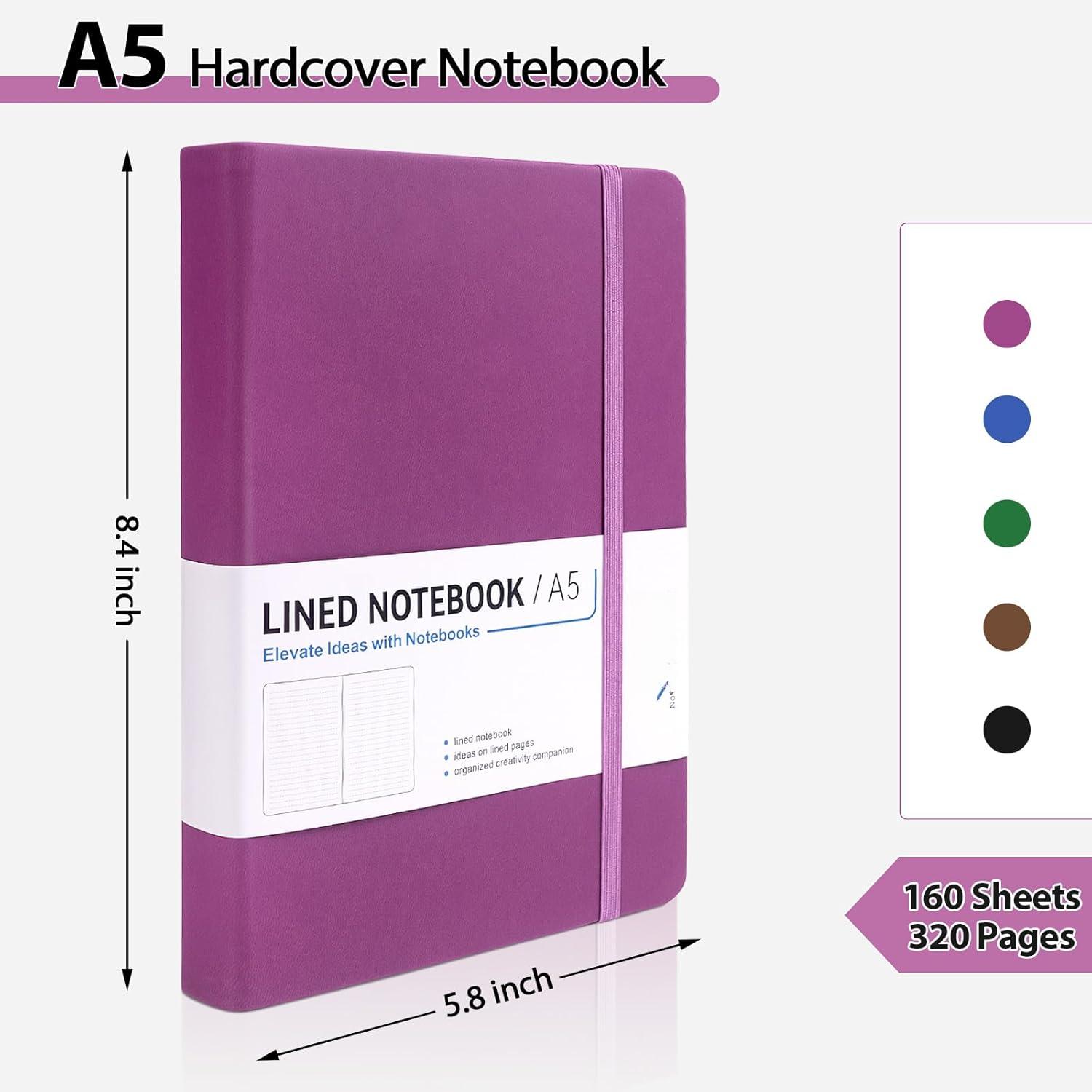 5 Pack Hardcover Journal Notebooks for Work 320 Pages A5 Thick Journals Bulk 5.8 x 8.4 Inch 100 GSM Paper College Ruled Notebooks for Writing, Journaling, Note Taking