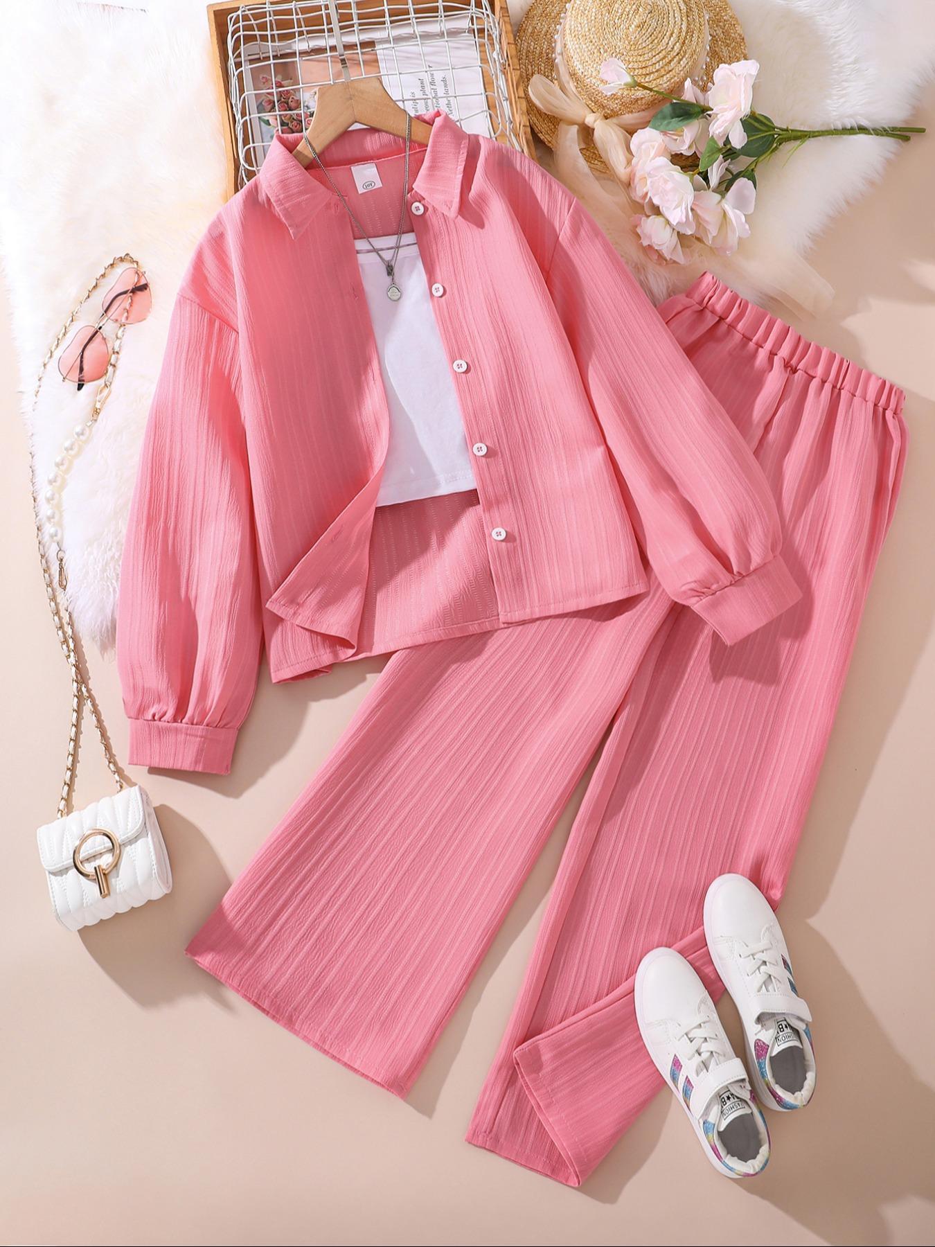 Two-piece Set Girl's Solid Color / Bow Pattern Shirt & Pants Set, Suits, Casual Long Sleeve Collared Top & Trousers for Spring & Fall, Kids Clothes for Daily Wear