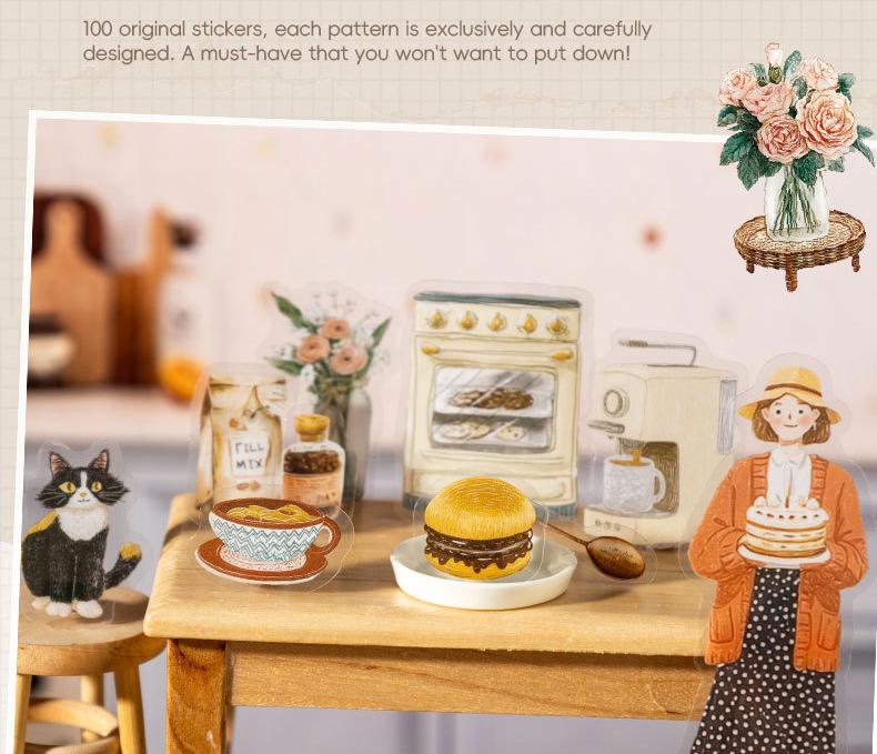 100 piece minimalist large sticker pack featuring characters, flowers, scene product patterns, minimalist style, PET waterproof material, self adhesive, DIY journal decoration, scrapbook notebook materials