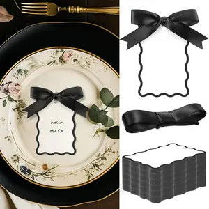 Black 100 Set Scallop Name Place Cards for Table Setting DIY Wedding Placecards Blank Gift Tags Include Name Table Cards and Ribbons for Wedding Birthday Party Celebration Supplies