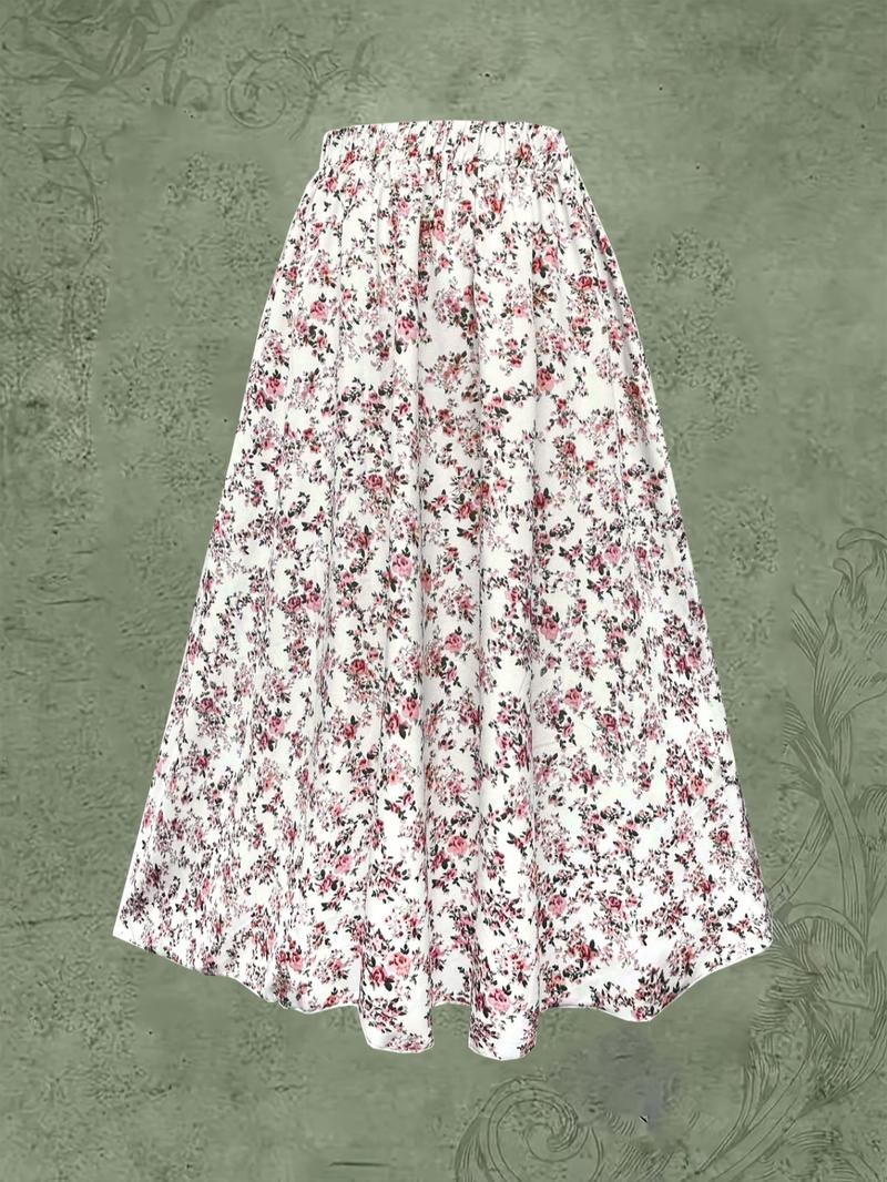 【Plus Size】 Ditsy Floral Print A Line Skirt, Boho Fashion Casual Elastic Waist Long Skirt for Daily Holiday Vacation Wear, Women's Clothing for All Seasons