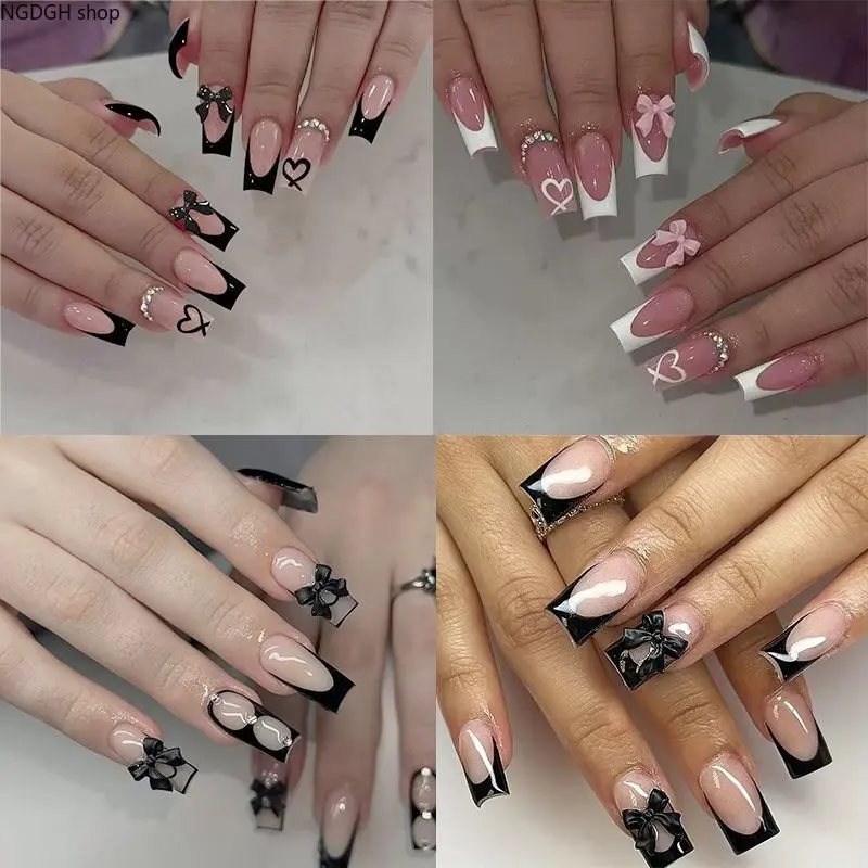 Bow Press On Nails - Black White Heart French Tip Fake Nails, Pink Nude Long Square Nail Art for Women Girls Party Daily