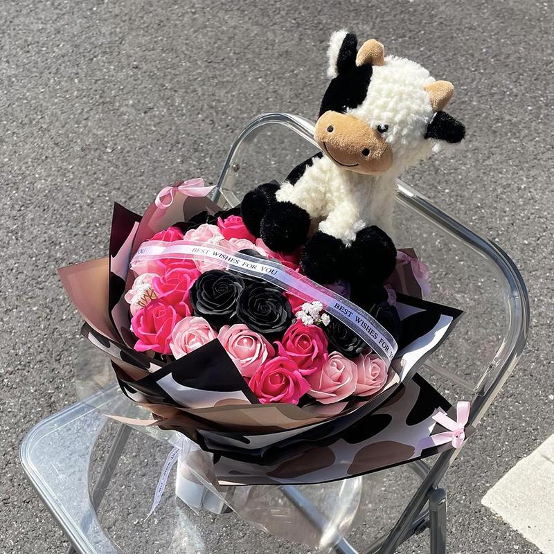 34 DIY Rose Artificial Flowers Cow Plush Doll Bouquet, Unique Handmade Gift for Special Occasions, Beautiful Decorative Floral Arrangement, Flower Arrangements