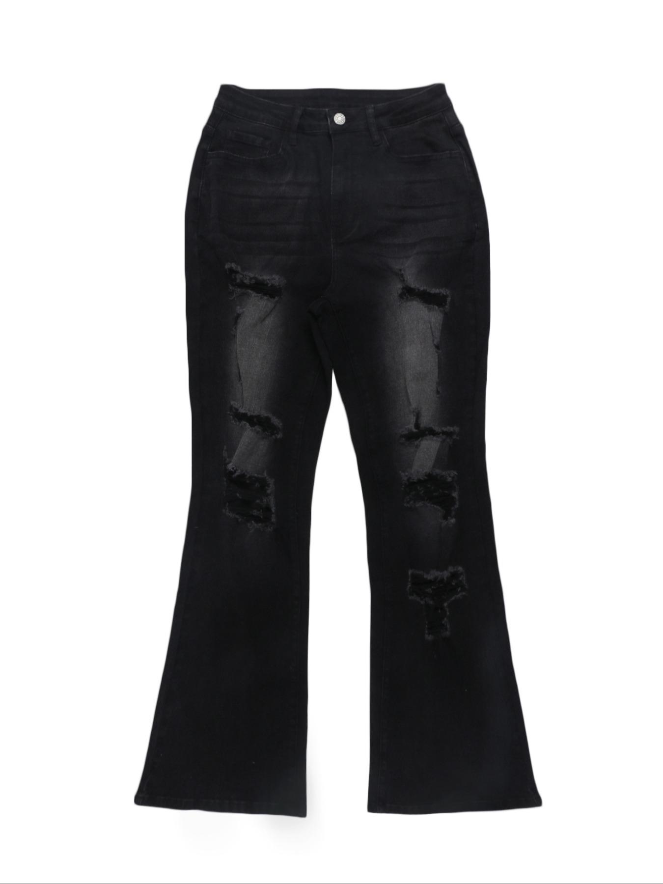 Women's  Ripped Distressed Dark Wash Skinny Stretchy Jeans, Fashion Casual Denim Trousers for Daily Outdoor Wear, Ladies Bottoms for All Seasons