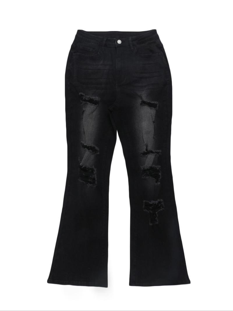 Women's  Ripped Distressed Dark Wash Skinny Stretchy Jeans, Fashion Casual Denim Trousers for Daily Outdoor Wear, Ladies Bottoms for All Seasons