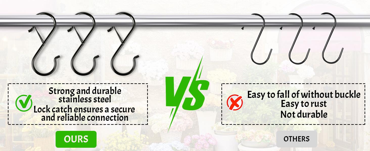 12 Pcs S Hooks for Hanging Heavy Duty, 3.5-inch Heavy Duty Metal S Hook with Safety Buckle, Suitable for 0.5 inch Rods, S Hook for Hanging Plants, Closet, Kitchen Utensil, Pot, Pan, Bags