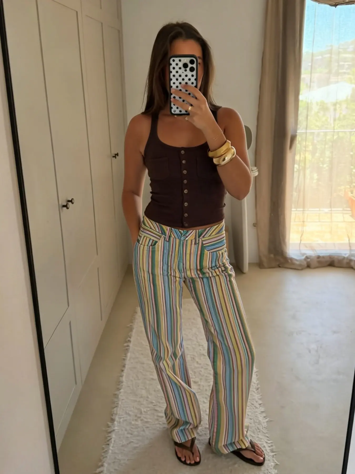 Rainbow Striped Women's Long Pants Loose Wide Leg Pastel Multicolor Stripes Relaxed Wide-Leg Pants Button Summer Streetwear Clothing Festival Outfits, Casual Daily Summer Pants