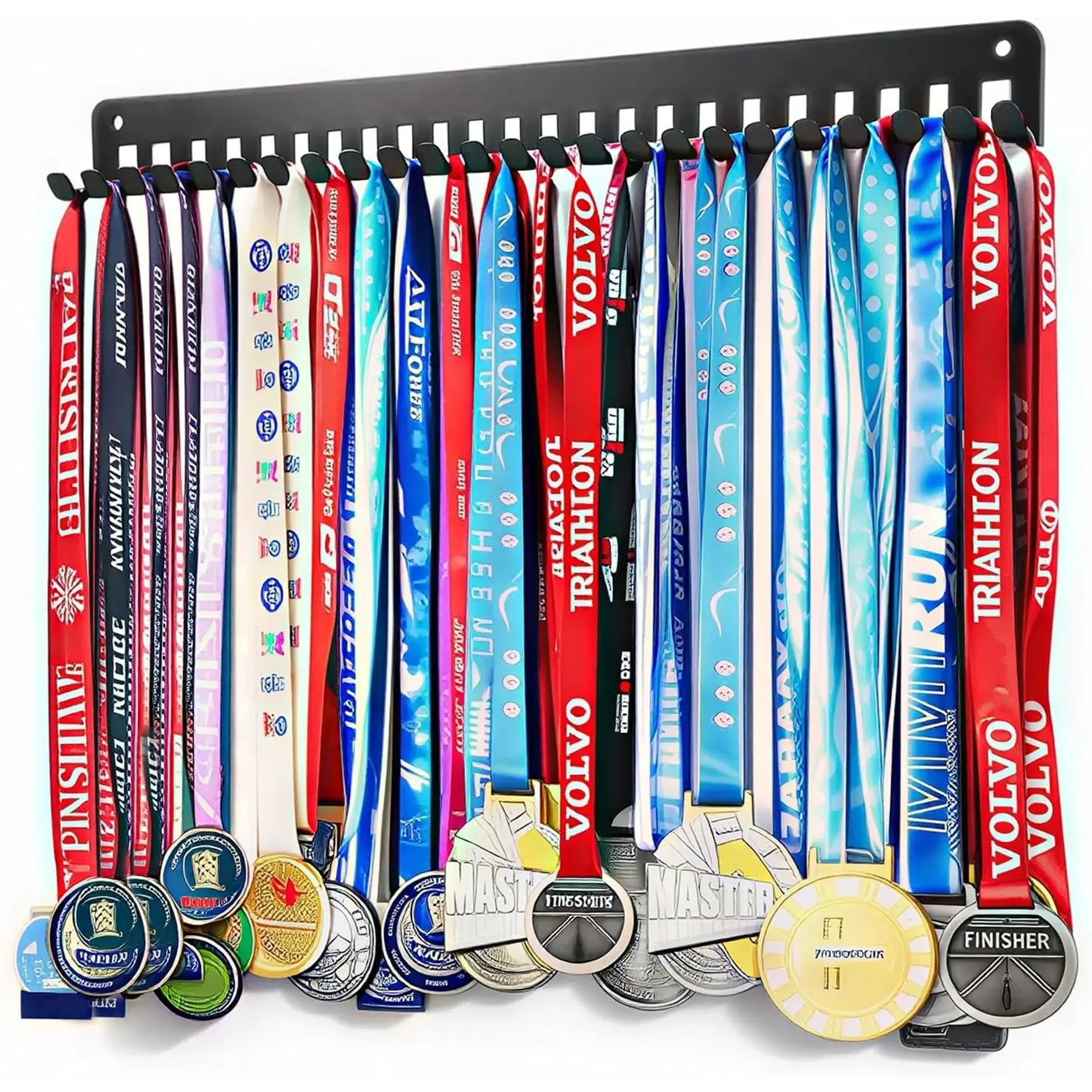 Wall Mounted Medal Holder Organizer Rack, 15.4 Inch Metal Storage Frame with 24 Hanging Hooks, Holds 60 Sport Medals & Race Bibs, Simple Installation, 1 PackGift