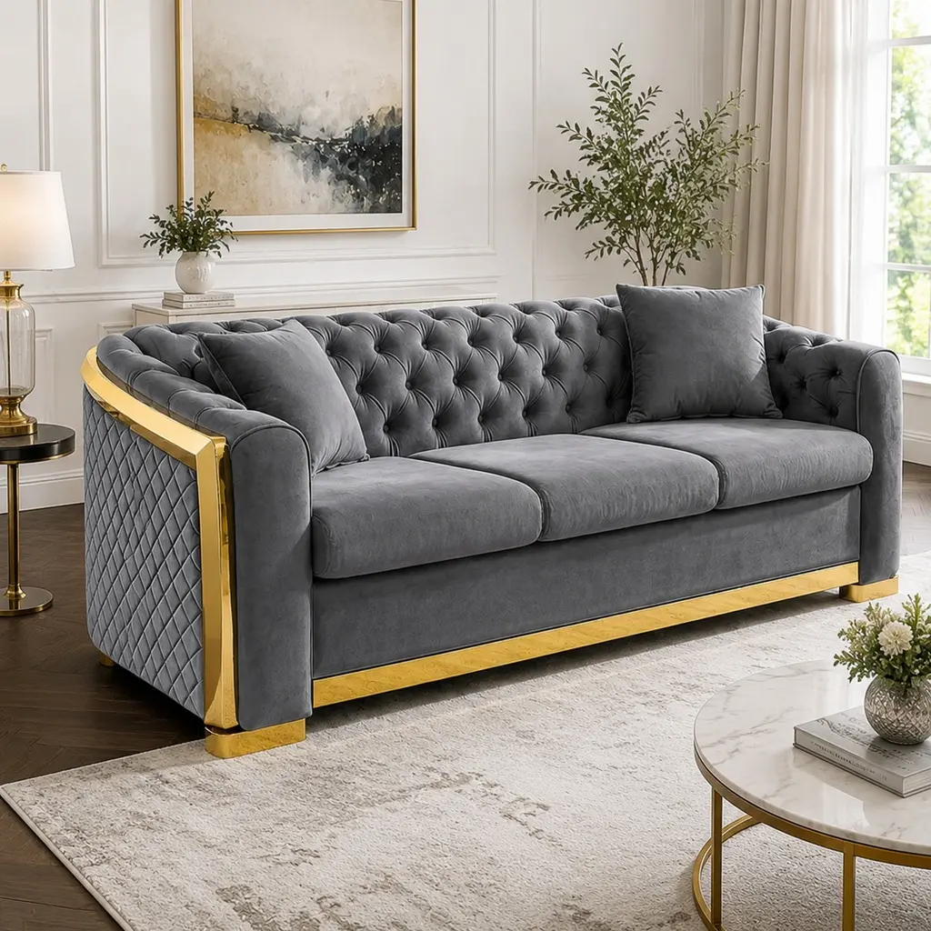 Velvet Luxury Chesterfield Sofa 84 Inch 3 Seat Couch with Tufted Back and Gold Stainless Steel Legs for Living Room, Grey Fabric, Medium-Soft Foam, Rolled Arms, European Style, Combo Item, Grey Color Options, Wood + Stainless Steel Mat