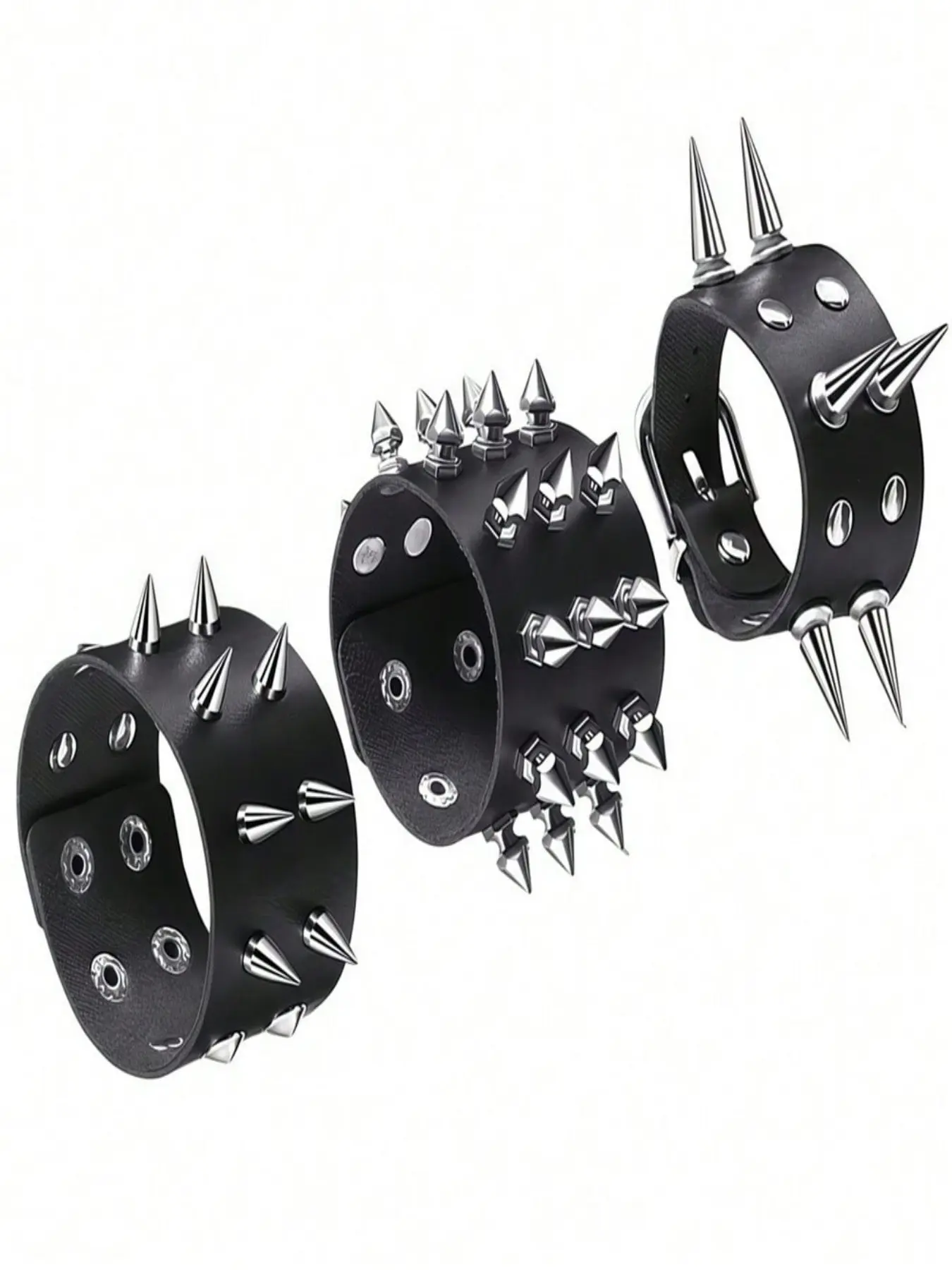 3PCS PU Leather Punk Cuff Bracelet Set with Multi-Size Silver Cone Spikes, Adjustable Gothic Rock Biker Wristbands (Thin, Medium & Wide Width), Unisex Streetwear Jewelry for Men Women, Ideal for Halloween, Rock Concert & Birthday Gift