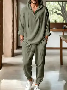 Men's Comfortable Cotton Linen Hooded Pajama Set, Unisex Soft Long Sleeve Casual Home Wear, Daily Comfort Sleepwear