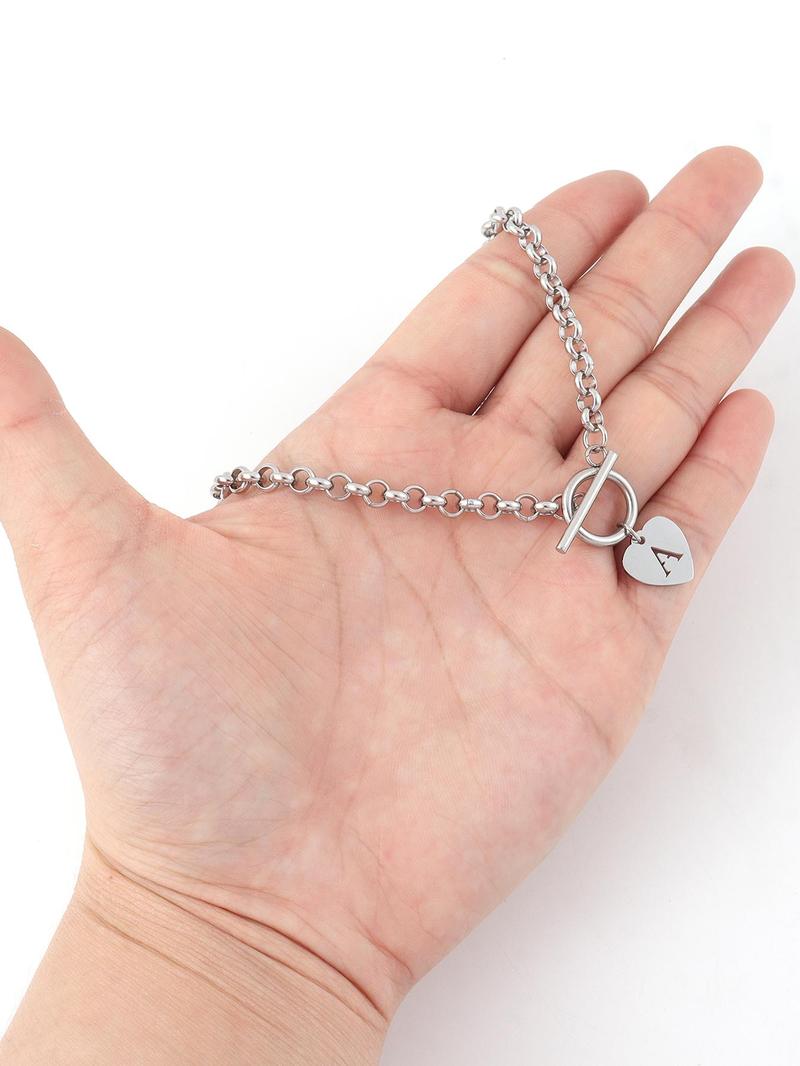Heart Hollow Out Initial Pendant Necklace, Heart Shaped Necklace, Stainless Steel Chain Necklace for Women with OT Buckle, Elegant Fashion Jewelry for Party, Daily Decor, Trendy All-match & Exquisite Jewelry for Birthday Gift