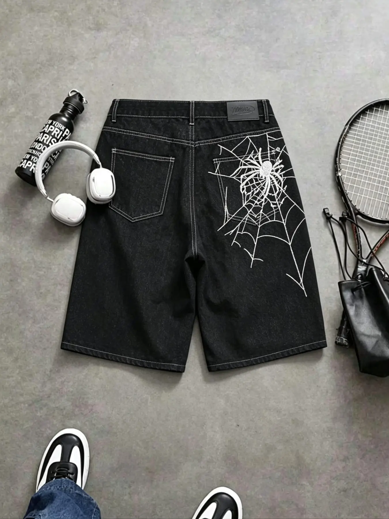 Men's Spider Embroidered Wide-Leg Denim Shorts, Casual Loose-Fitting Jeans, New Arrival High-Street Style Streetwear, Plain Surface Unlined
