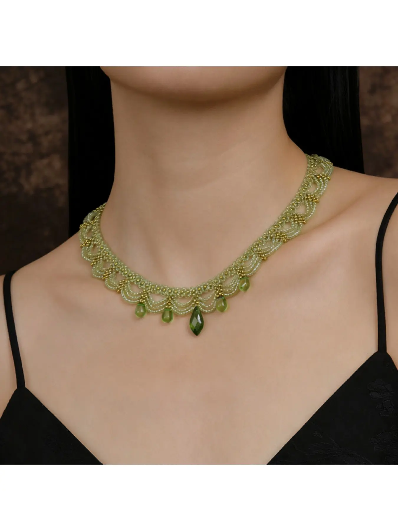 Handwoven Olive Green Beaded Lace Choker Necklace for Women, Vintage Teardrop Pendant Short Collar Necklace, Boho Cottagecore Fairy Daily Vacation Party Wedding Jewelry Gift