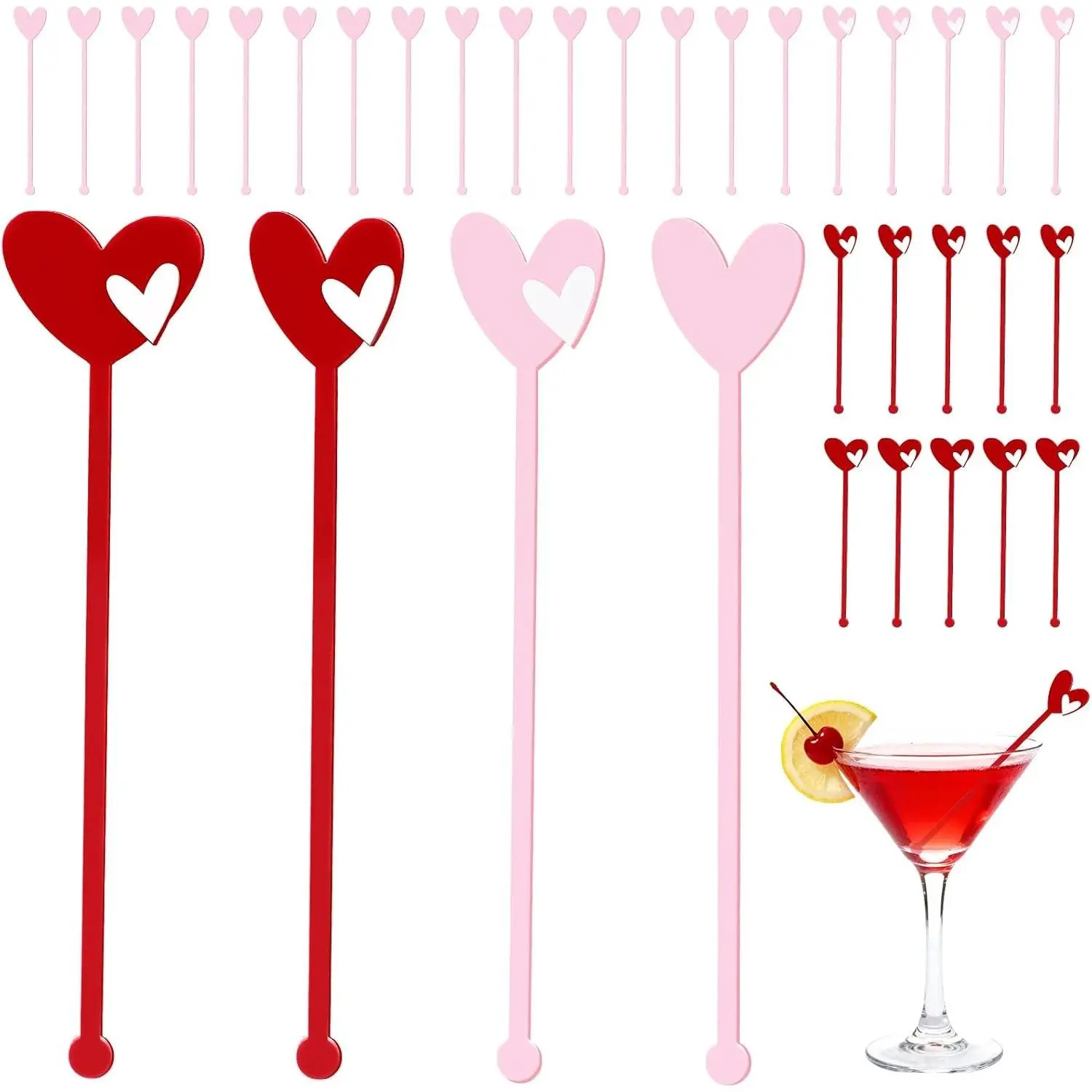 30 Pcs Heart Shaped Acrylic Drink Stirrers, Coffee Cocktail Swizzle Sticks for Bachelorette Coquette Birthday Girly Ribbon Party Wedding Bridal Decoration, Pink & Red, 4 Styles