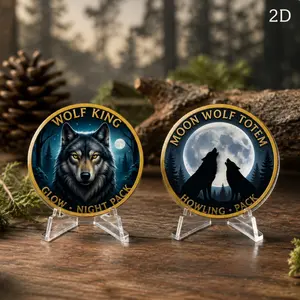 Vintage Wolf Theme 2D Replica Coin, Moonlit Forest Wolf King Pattern, Mysterious Wild Style Commemorative Medallion, Perfect for Collection & Gifting