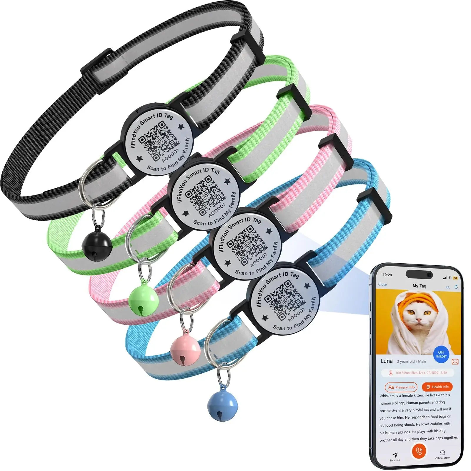 Breakaway Cat Collar QR Code, Reflective Bell, Adjustable Kitten Breakaway Safety Buckle, Reflective Strips, Name ID Plate, Lightweight for Small Cats Kittens