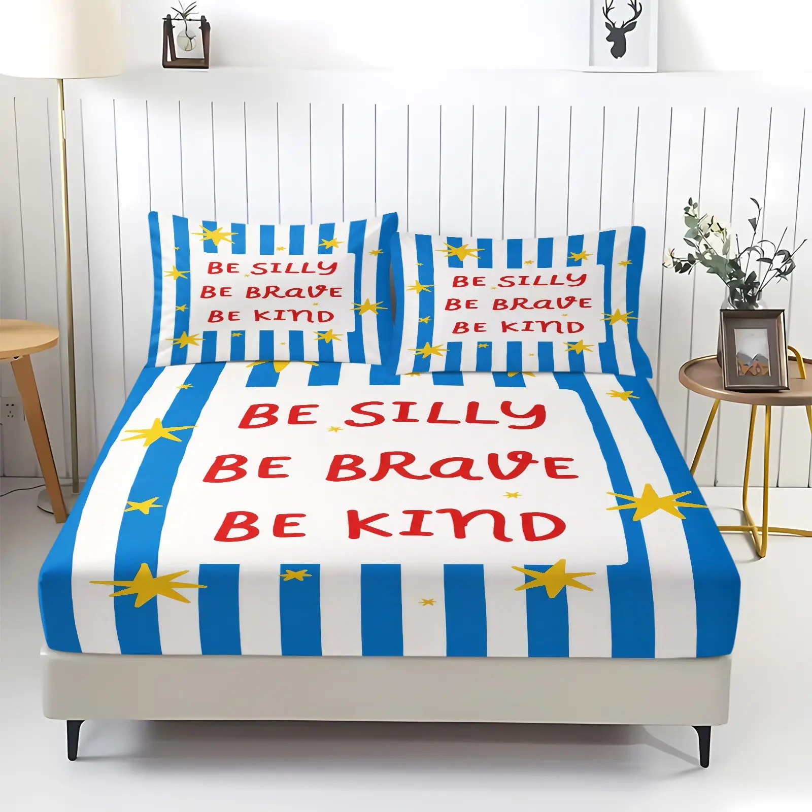 Aesthetic Positive Affirmation Stripe Star Design 3 Piece Set, Fitted Sheet Set, Teen Bedding Set, Lightweight Fitted Sheet, Durable Fitted Bed Sheet, High‑Definition Digital Printing, No Filling for Dorm, Studio