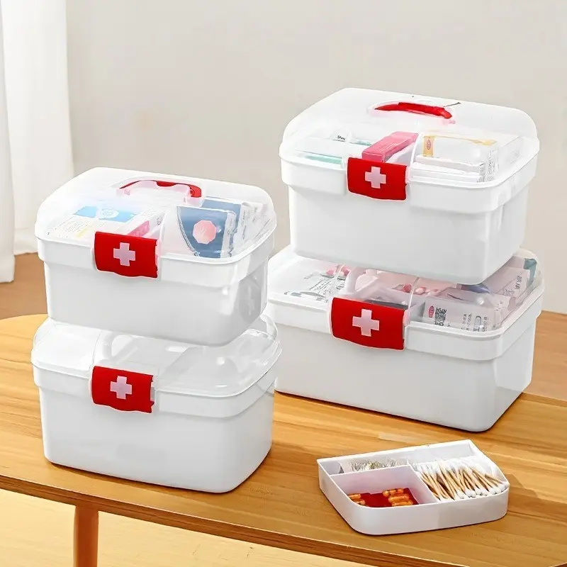 Portable Transparent Double Layer Storage Box, heavy-duty plastic organizer with handle design, featuring open and closed dual storage compartments with label holder for easy classification, ideal for home medicine organization, travel carrying, first aid