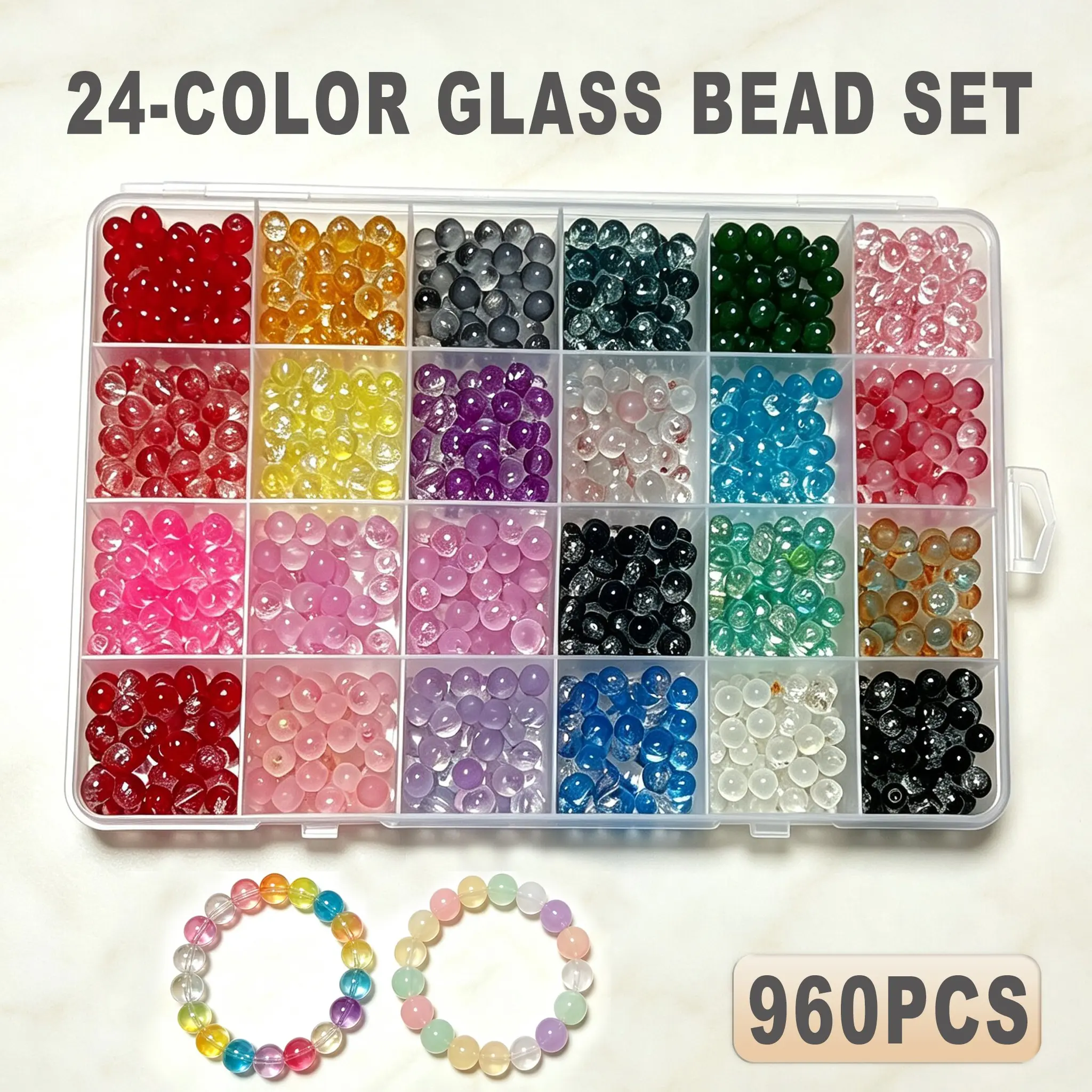 960+PCS 6mm Glass Bead Bracelet Making Kit, Bead Kits, contains 24 types of matching colored crystal beads and strings, suitable for bracelet, jewelry making and handmade DIY, can be used to make friendship bracelets
