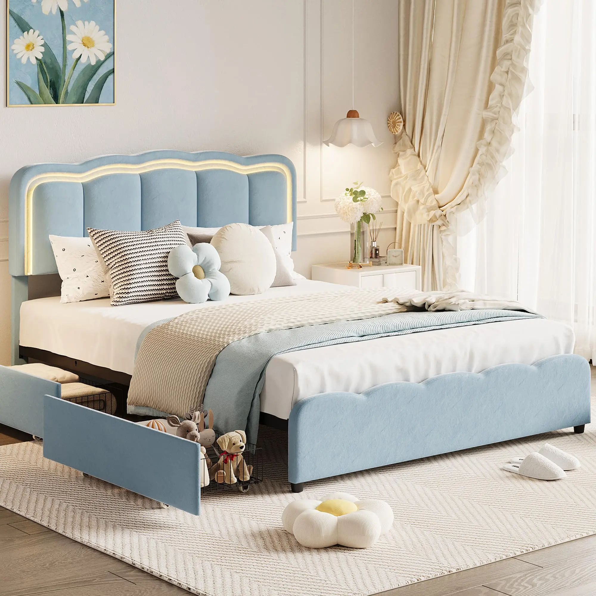 Queen/Full Upholstered Bed Frame with LED Lights, Adjustable Headboard, 2 Storage Drawers, No Box Spring, Easy Assembly