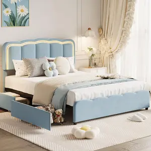 Queen/Full Upholstered Bed Frame with LED Lights, Adjustable Headboard, 2 Storage Drawers, No Box Spring, Easy Assembly