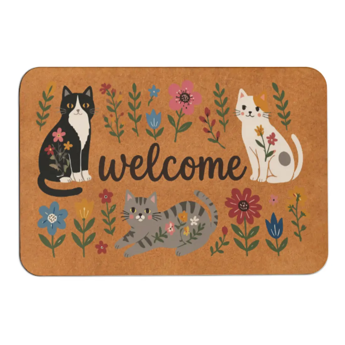 Floral Cat Welcome Doormat, Whimsical Kitten Welcome Rug Cat Lover Door Mat, Floral Pet Welcome Rug Housewarming Pet Lover Gift Cute Kitty Porch Decor Entryway Mat