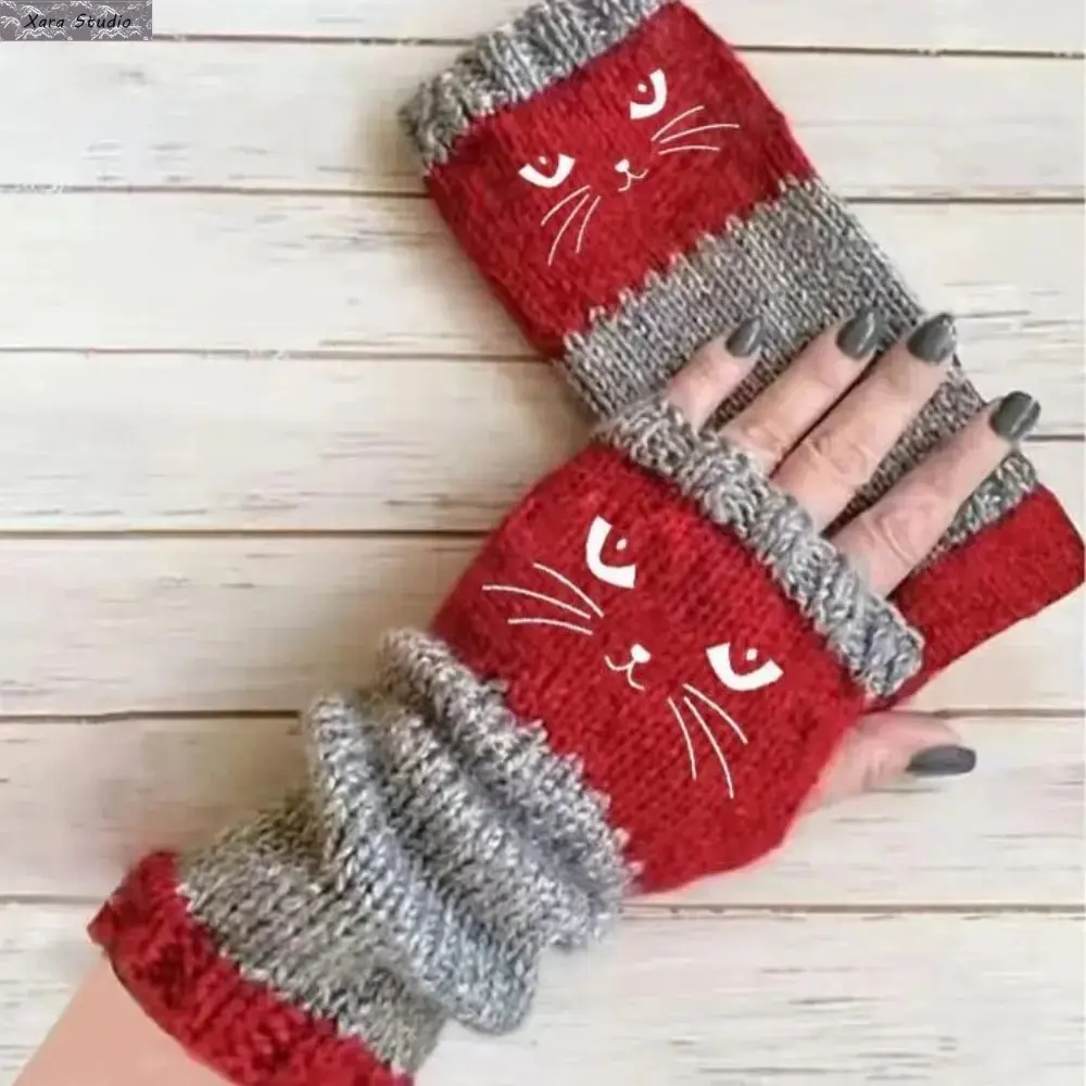 Women's Fingerless Gloves, Cute Cat Embroidered Knit Arm Warmers, Soft Stretchy Y2K Winter Hand Covers for Cozy Everyday Outfits, Driving, Typing, School, Travel, Casual Wear & Gift Giving