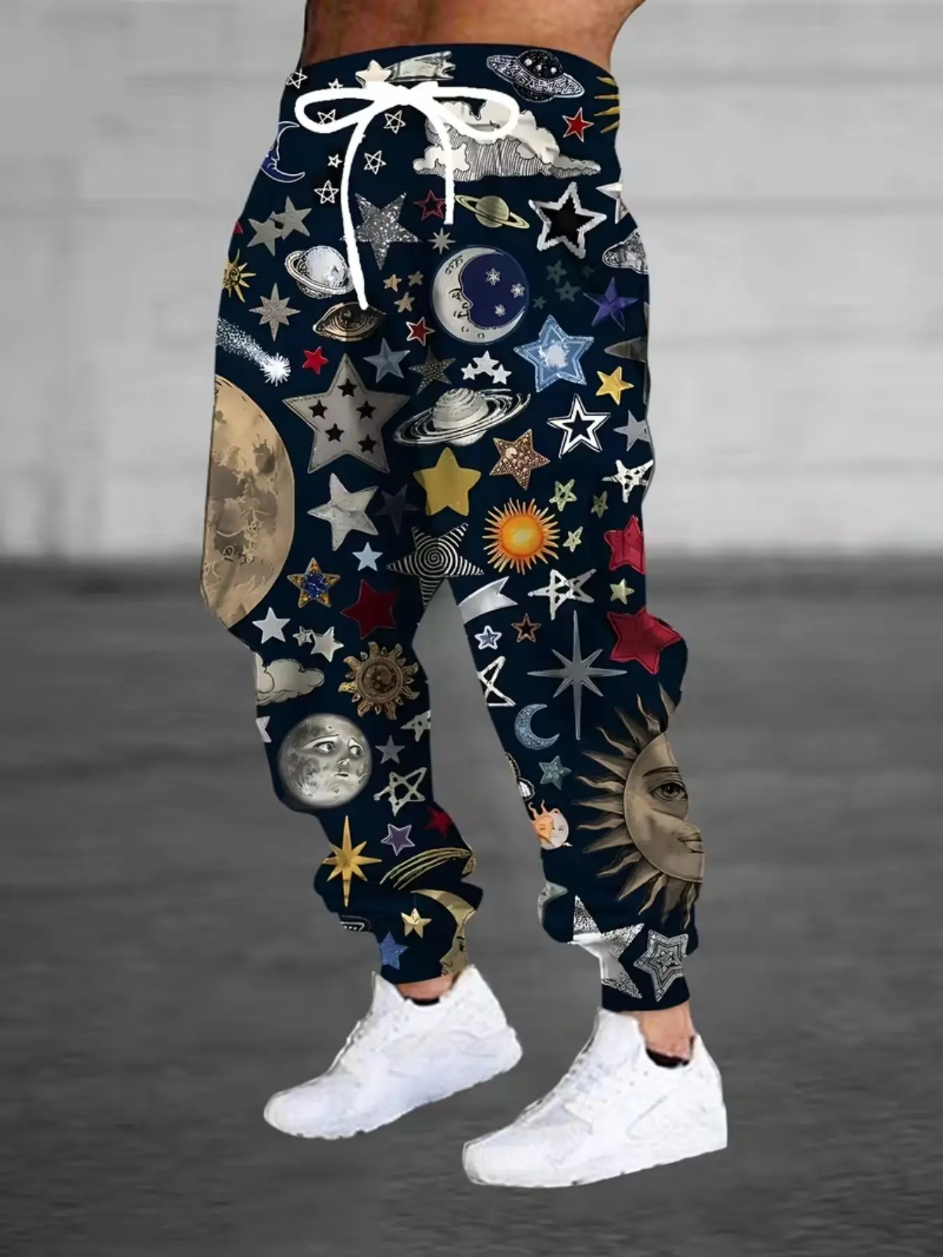 Men's 3D Space Galaxy Star Moon Print Sports Pants, Drawstring and Pockets, Casual Fitted Trousers, All Seasons Comfortable Sleepwear