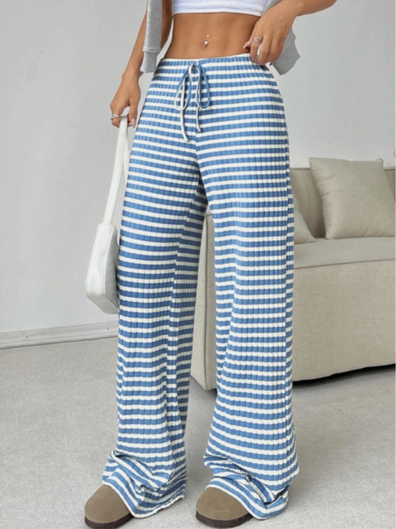 Women's Striped Casual Low Waist Fitted Pants, Fashionable Knitted Long Trousers for Daily Wear, Stylish Ladies' Clothing, Bottom