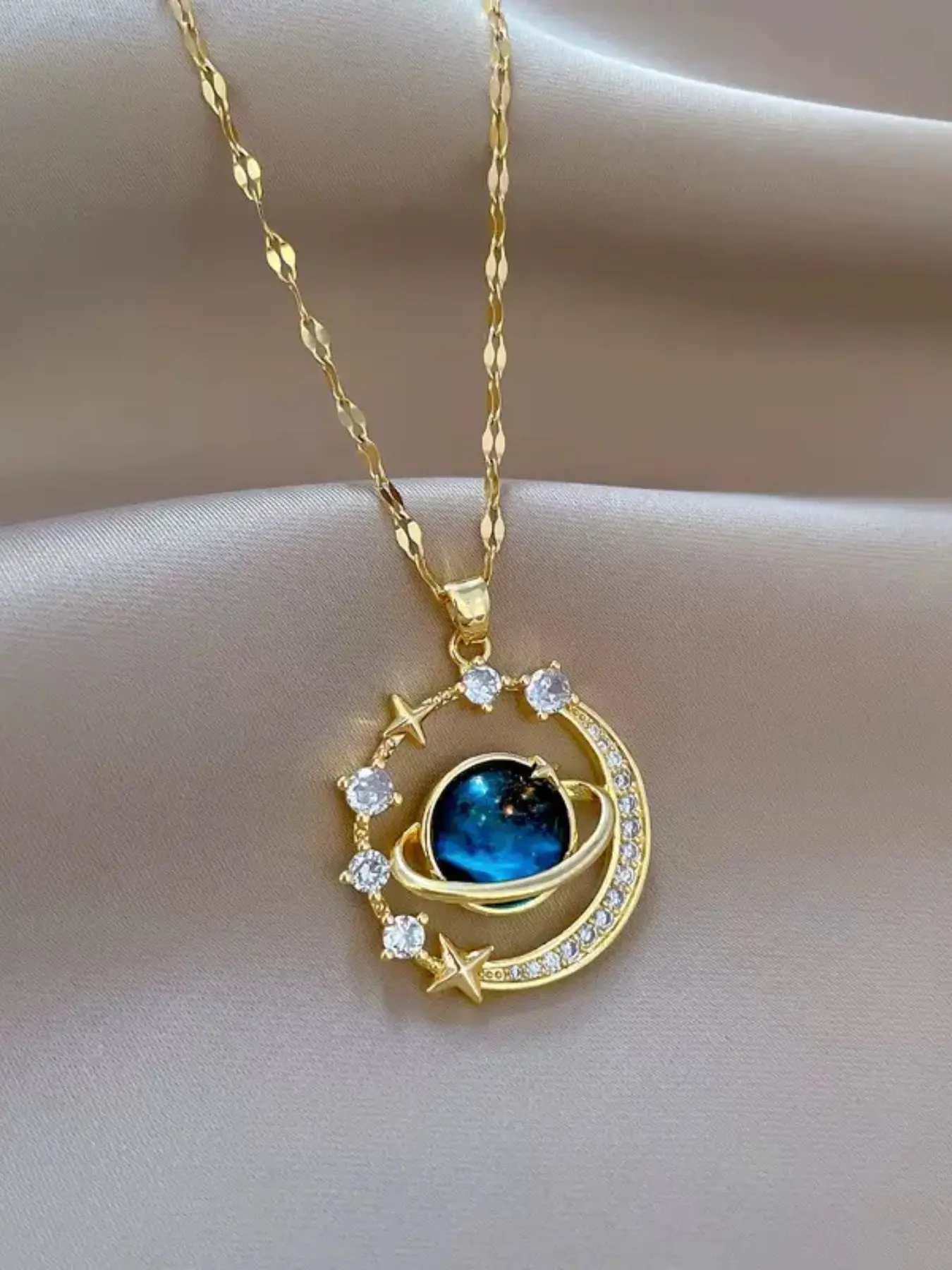 Dreamy Planet Moon Star Zircon Stainless Steel Necklace, Elegant Lockbone Chain, Non-Fading, Perfect Gift for Holidays and Daily Wear