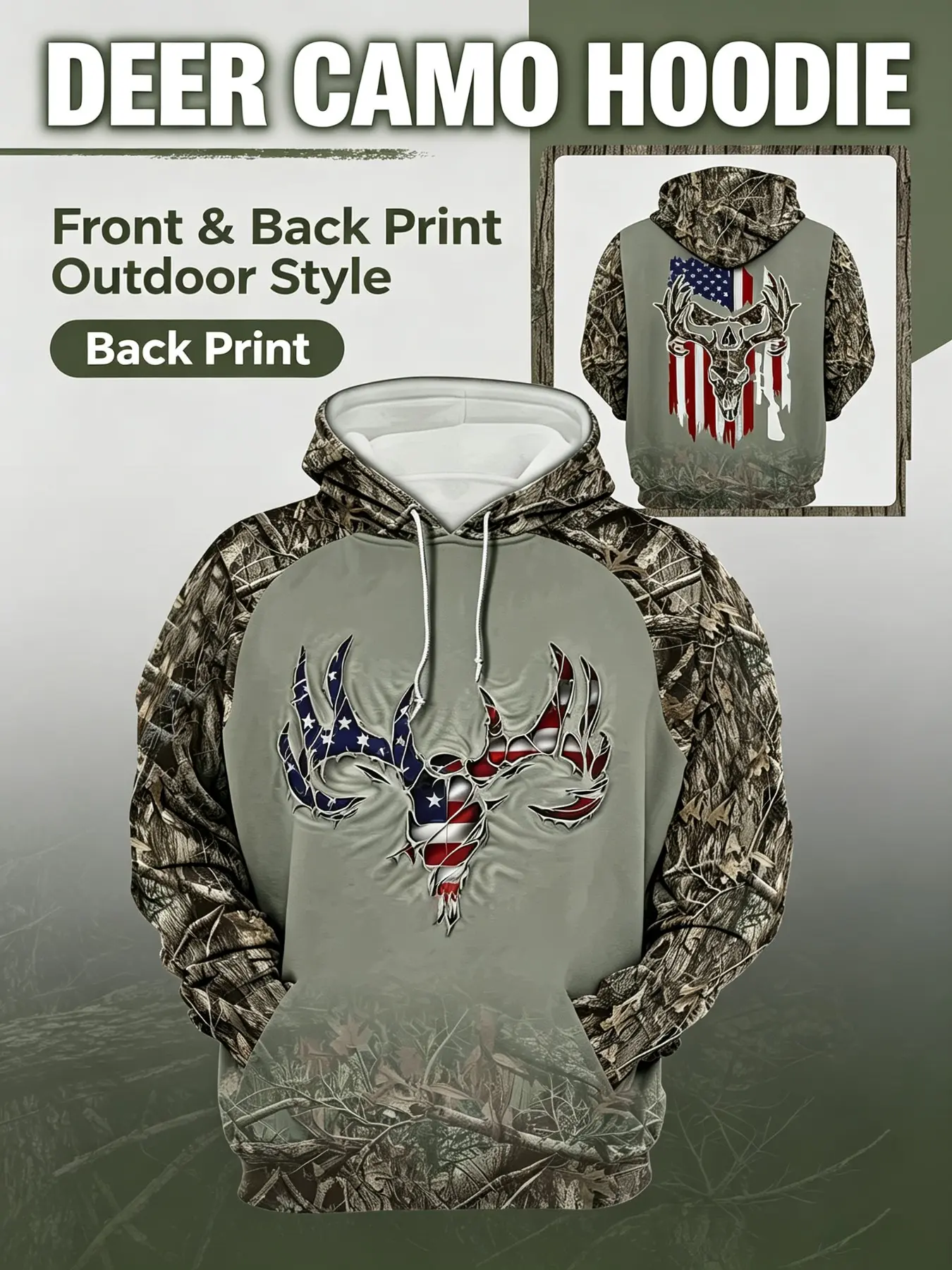 Men's Camouflage Patchwork Usa Flag Antler Print Hoodie, Outdoor Hunting Style, Comfortable Breathable Fabric, Loose-Fit