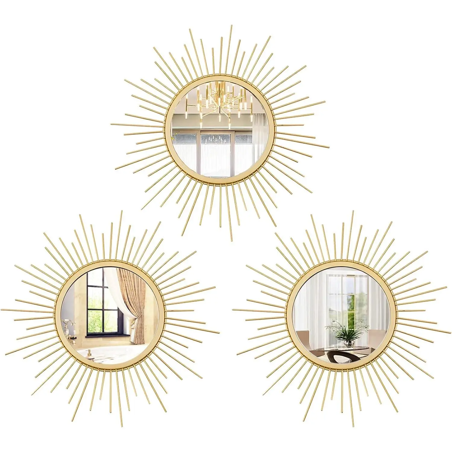3 Set Sunburst Mirrors for Wall Decor Living Room Bedroom Bathroom Dining Room Metal Boho Sunburst Wall Mirror Set  Metal  Circle Art Pack -  11.8 in