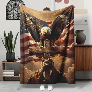 Eagle Cross American Flag Flannel Blanket, Christian Patriotic Faith Soft Throw, Cozy Warm Religious Gift for Him Her Believers, Rustic Home Decor for Couch Sofa Bed, AC Room Summer Blanket, 4th of July Easter Christmas Gift, Pray Throw