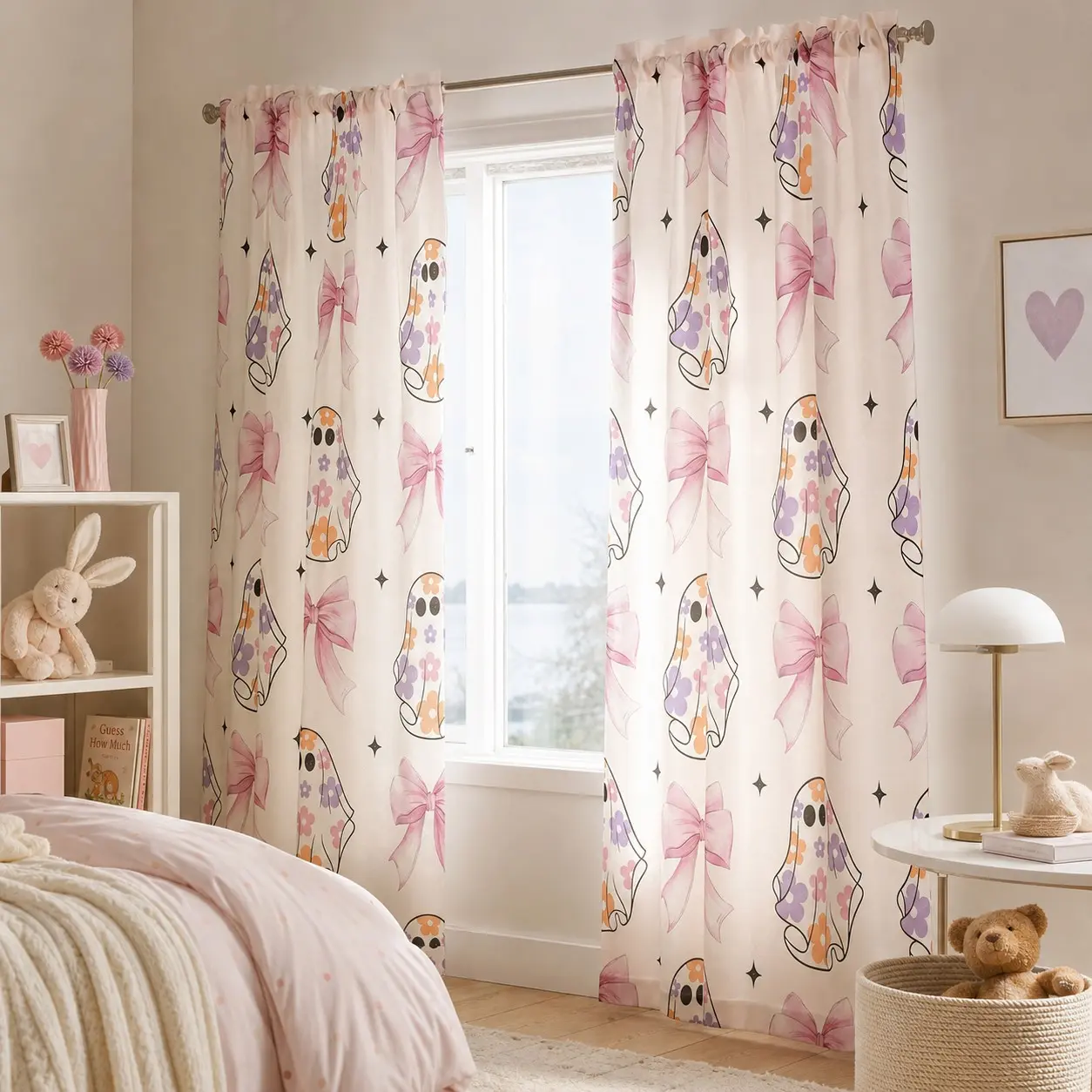 Cream Color Coquette Ghost Bow Curtains, Cute Floral Bow Star Print Sheer Window Curtain, Soft Halloween Semi-Transparent Curtain for Girls' Bedroom
