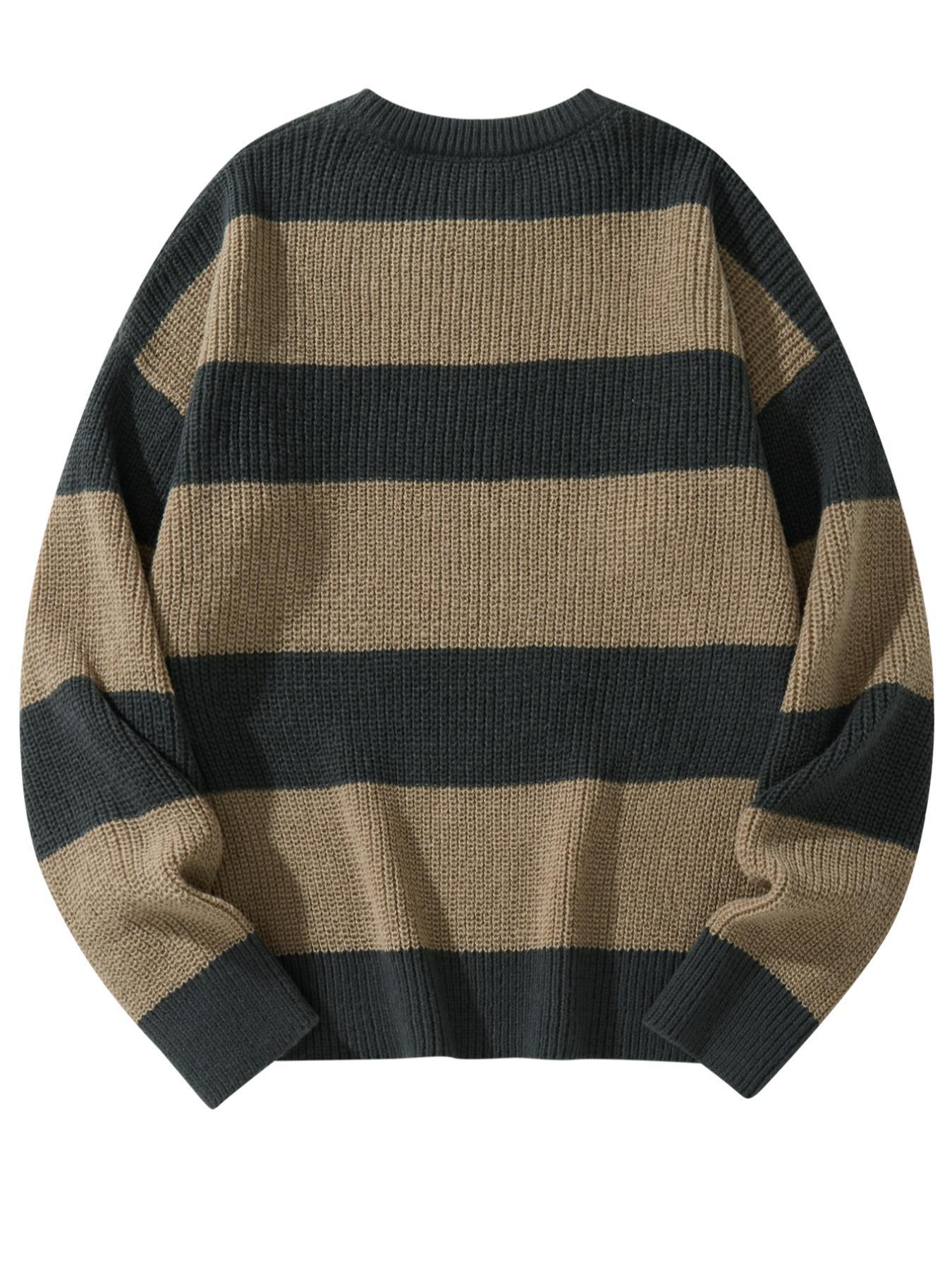 Men's Striped Print Round Neck Knitted Sweater, Casual Regular Fit Long Sleeve Jumper for Fall & Winter, Men's Knit Pullover for Daily Wear, Going Out Outfit
