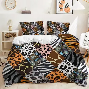 Animal Print Patchwork Pattern Duvet Cover Set, 2/3Pcs Boho Bedding Set, Soft Microfiber Material, Cozy Breathable, Bedroom Decor for Men Women Teens, All Season Use. Includes 1 or 2 Pillowcase - No Filling/Zipper Closure