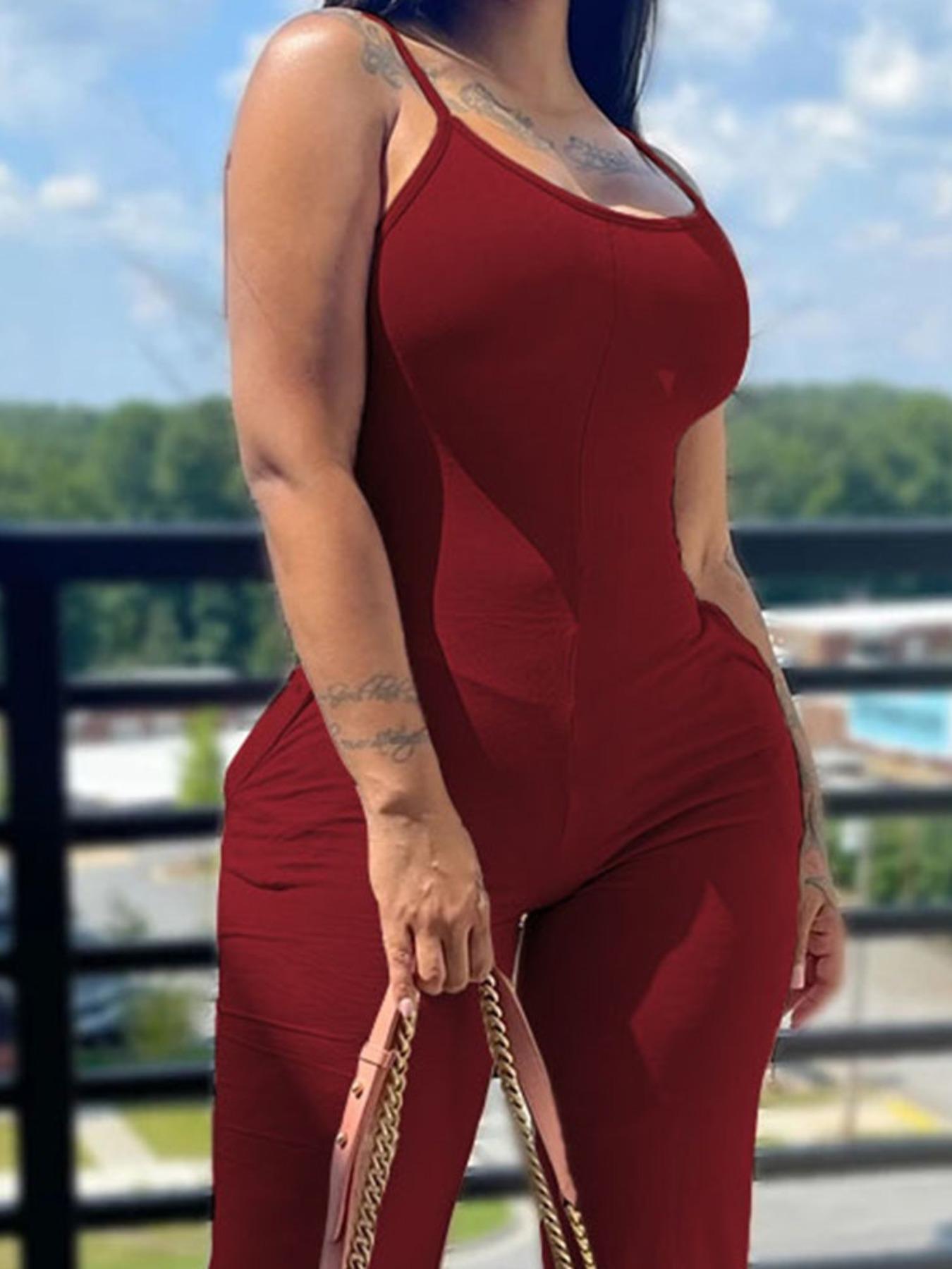 Women's Solid Pocket Scoop Neck Jersey Jumpsuits, Casual Sleeveless Jumpsuit for Fall & Winter, Women's Clothes for Daily Wear