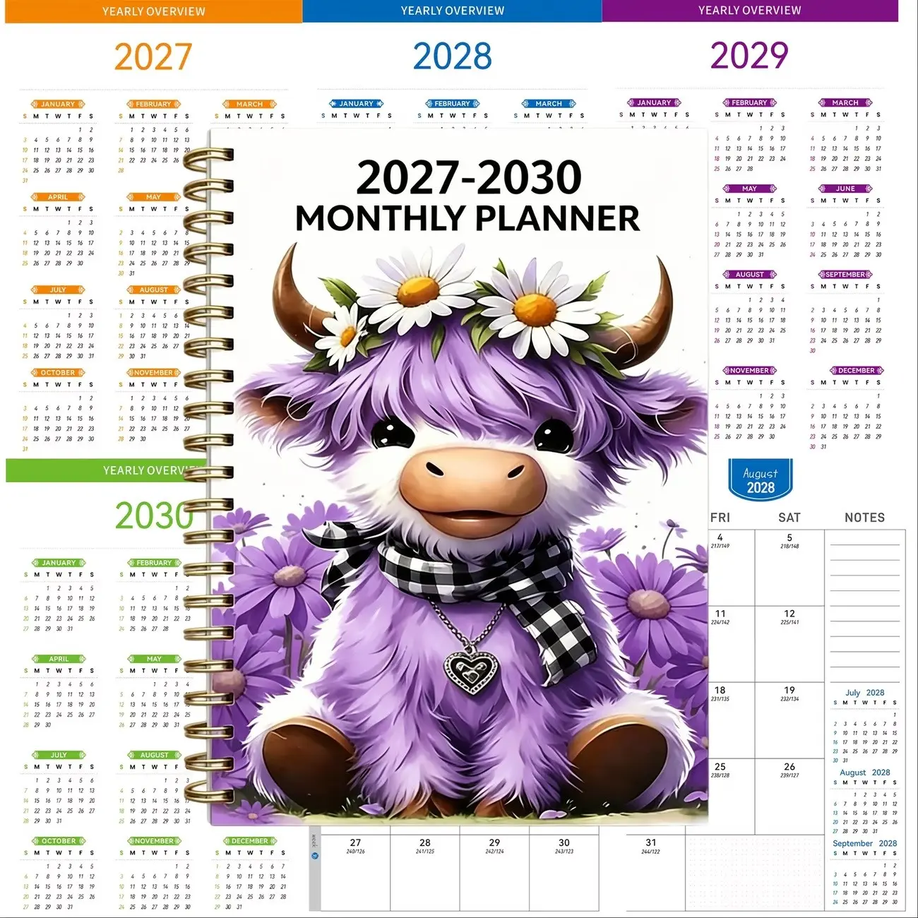 2027-2030 Monthly Planner, Highland Cow Design, 48-Month Calendar Planner Notebook Monthly/Weekly/Daily Planner 2027 Long-Term Schedule Book, Suitable For Goals, Work Meetings, School Schedules, Appointments And To-Do Lists, Back To School Supplies Office