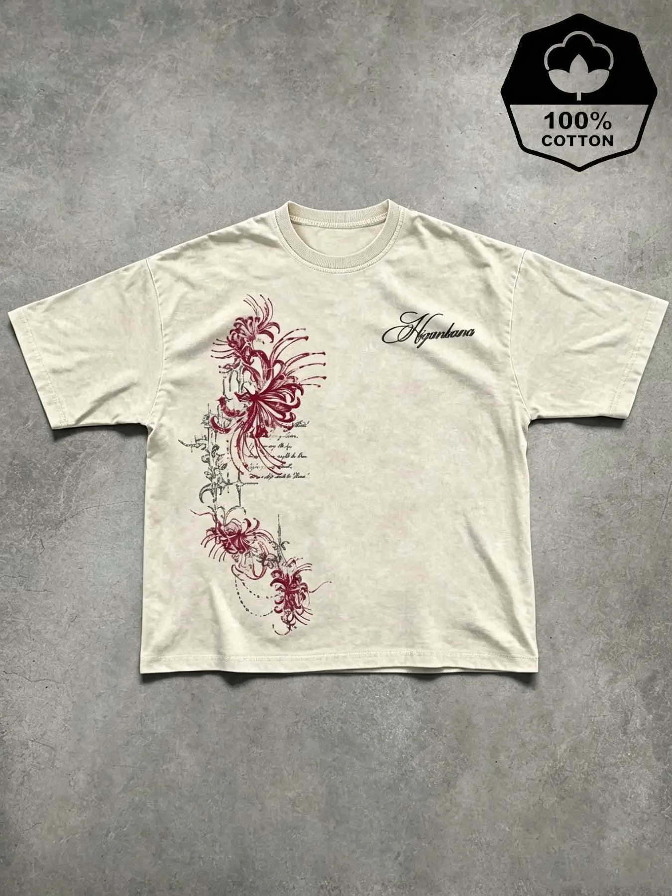 100%Cotton！Vintage Washed Peach Color Thorn Rose Gothic Pattern Crewneck T-Shirt, Street Style Streetwear Y2K Casual Loose Fit Cotton Tee, All Seasons Long T-Shirt