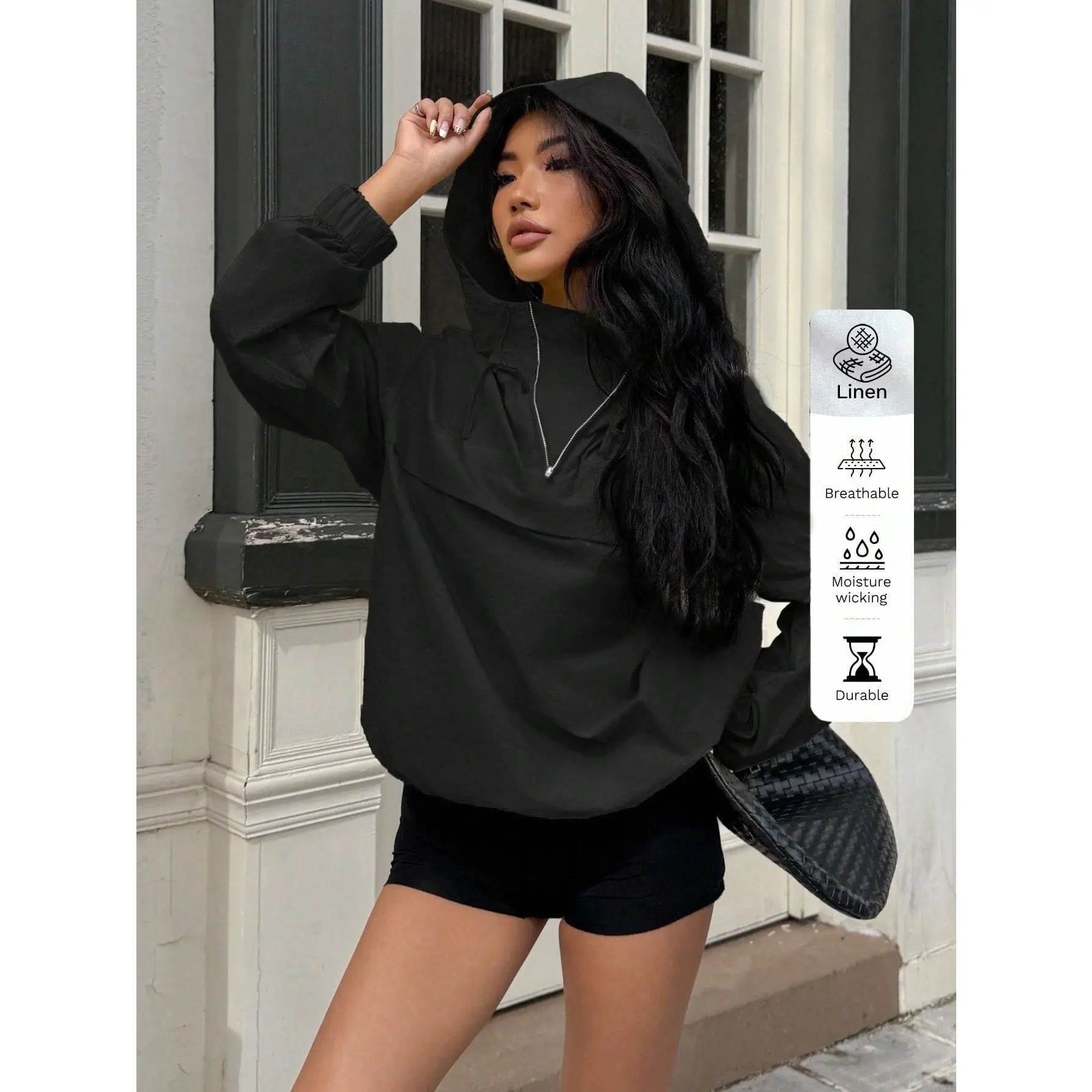 Black Hooded Windbreaker Jacket With Drop Shoulder And Semi-Sheer Woven Fabric Quarter Zip Pullover Women Hoodies,Fall Hoodie For Women