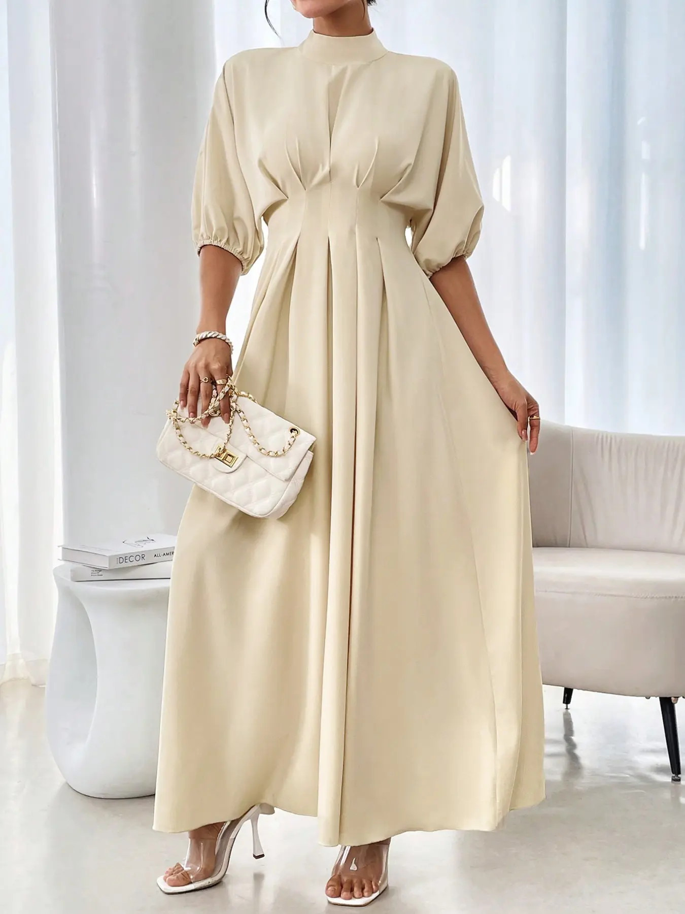Women's Pleated Waist Stand Collar Seven-Quarter Bubble Sleeve Long Dress, Elegant Party Evening Gown, Wedding Guest Commute Versatile