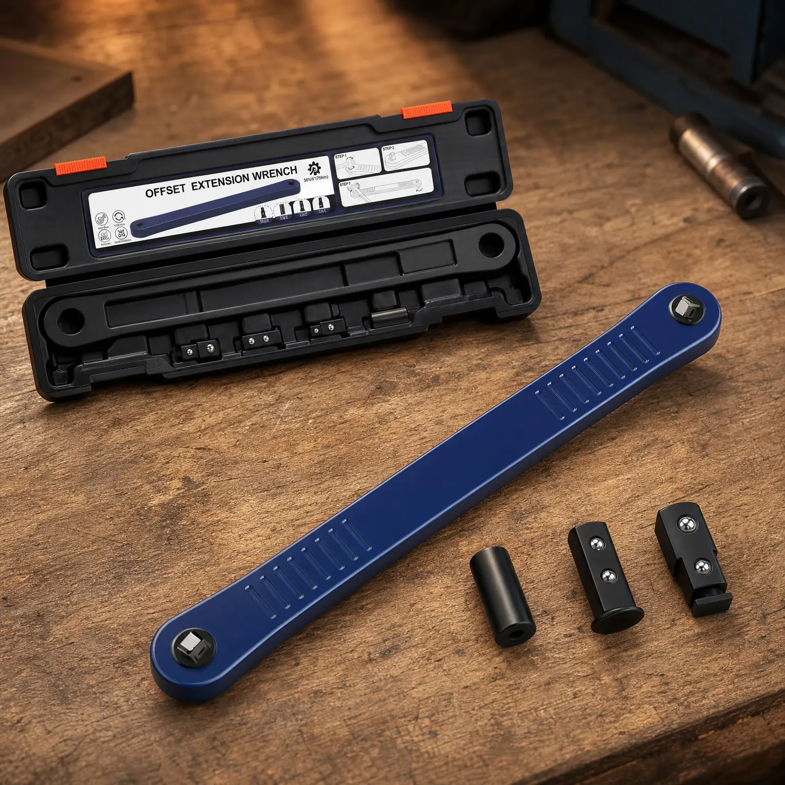 Blue 3/8" Offset Extension Impact-Ready Socket Wrench Extender with 1/4", 3/8", 1/2" Square Drive Adapters, Universal Extensions, 0° Swing Extender for Tight Spaces