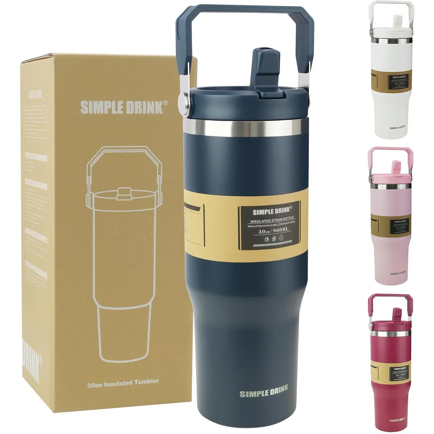 30oz Stainless Steel Vacuum Insulated Flip Straw Bottle with Handle, Leak-Proof Travel Drinkware for Gym, Office Use, Travel Gym Office