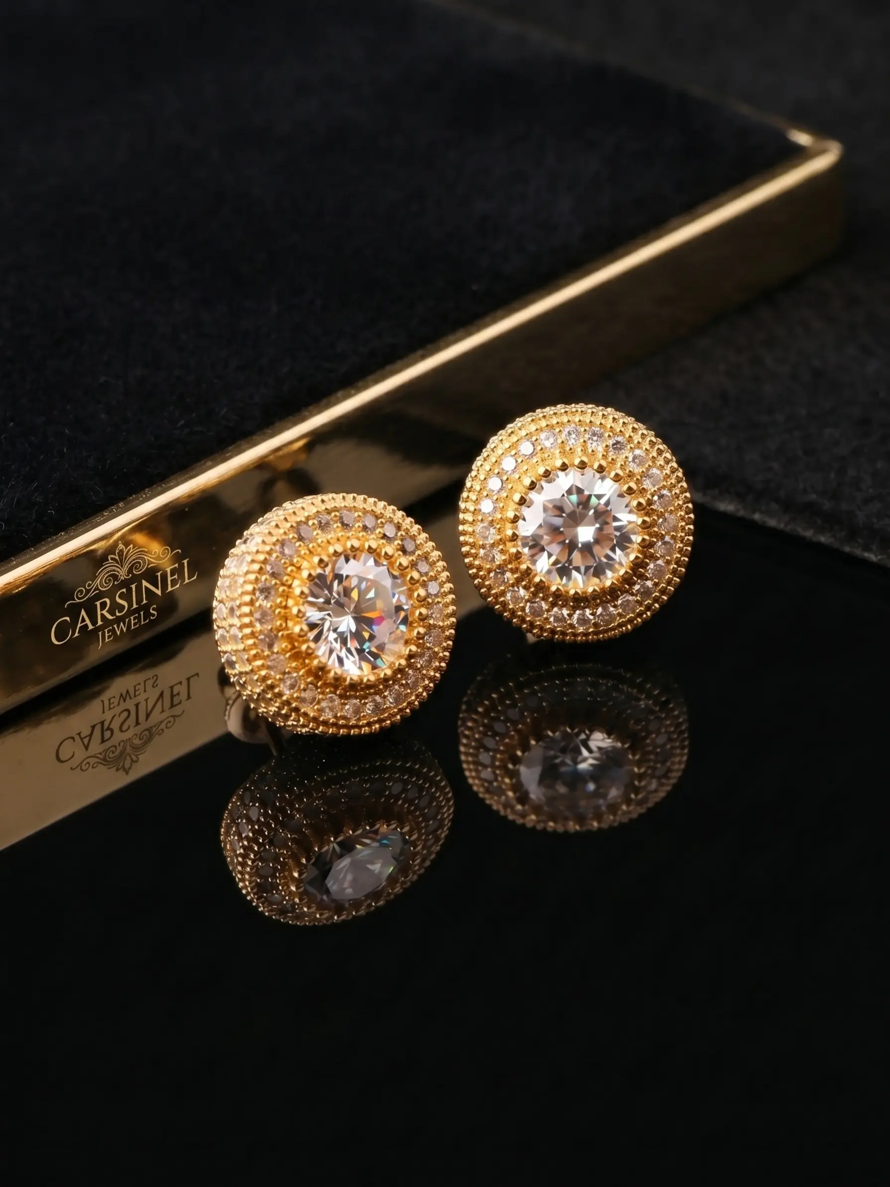 1pair 14K Gold Plated Round Iced Out Stud Earrings for Men Women, Micro Pave Cubic Zirconia Double Halo Hip Hop Studs, Bling Diamond Earrings Hip Hop Jewelry Gift