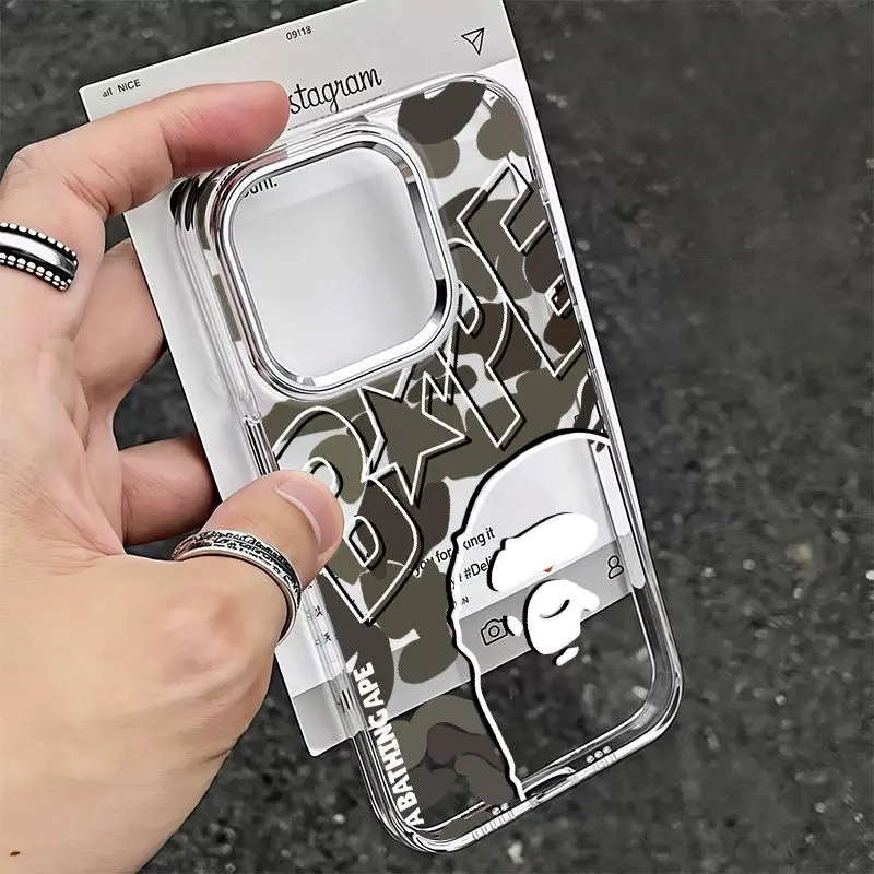 Camo Camouflage Background White Outline Ape Head Star Letter Graffiti Clear Phone Case for iPhone 12 13 14 15 16 17 Pro Max Samsung A14 A15 A54 A55 S23 S24 S25 Ultra Moto G10 G13 G34 G54 G60 Shockproof Transparent Hard Anti-Drop Street Hip Hop Aesthetic